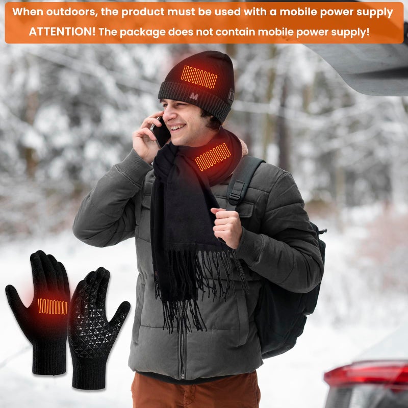QZUnique Heated Hat Scarf Gloves Set - 3 Pcs Winter Heated Gloves for Arthritis Hands Rechargeable Warming Beanie Scarf for Women Men (Black) - Image 5