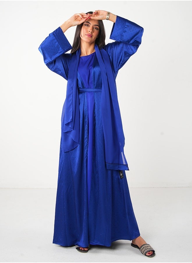 JAMEELA Dark Blue Bling Open Abaya 3 pieces Set - Image 1