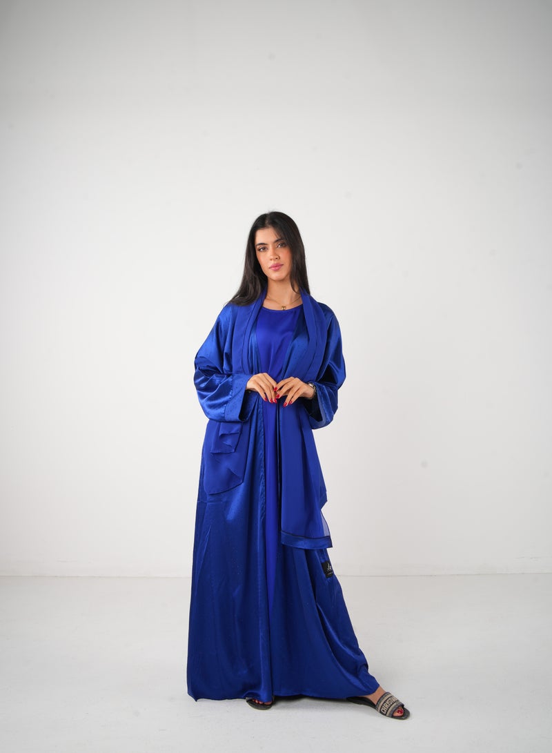 JAMEELA Dark Blue Bling Open Abaya 3 pieces Set - Image 2