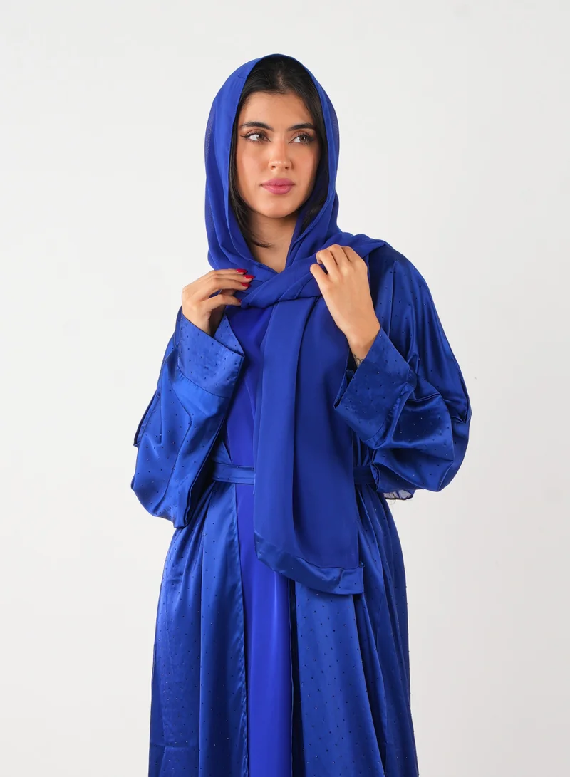 JAMEELA Dark Blue Bling Open Abaya 3 pieces Set