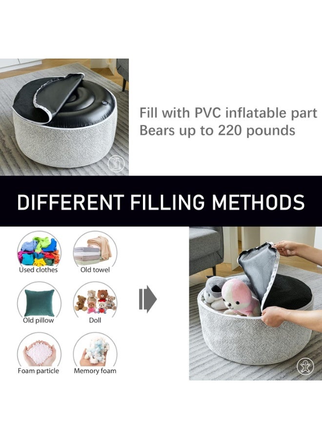 Inflatable Pouf Ottoman, 21x10 Inches Stuffed Chenille Ottoman with Inflatable PVC Liner, Foot Rest with Portable Handle, Round Floor Pillow for Living Room, Bedroom, Kids Room , grey - Image 5