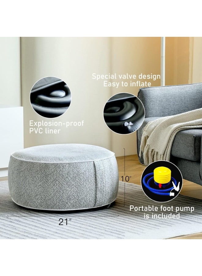 Inflatable Pouf Ottoman, 21x10 Inches Stuffed Chenille Ottoman with Inflatable PVC Liner, Foot Rest with Portable Handle, Round Floor Pillow for Living Room, Bedroom, Kids Room , grey - Image 4