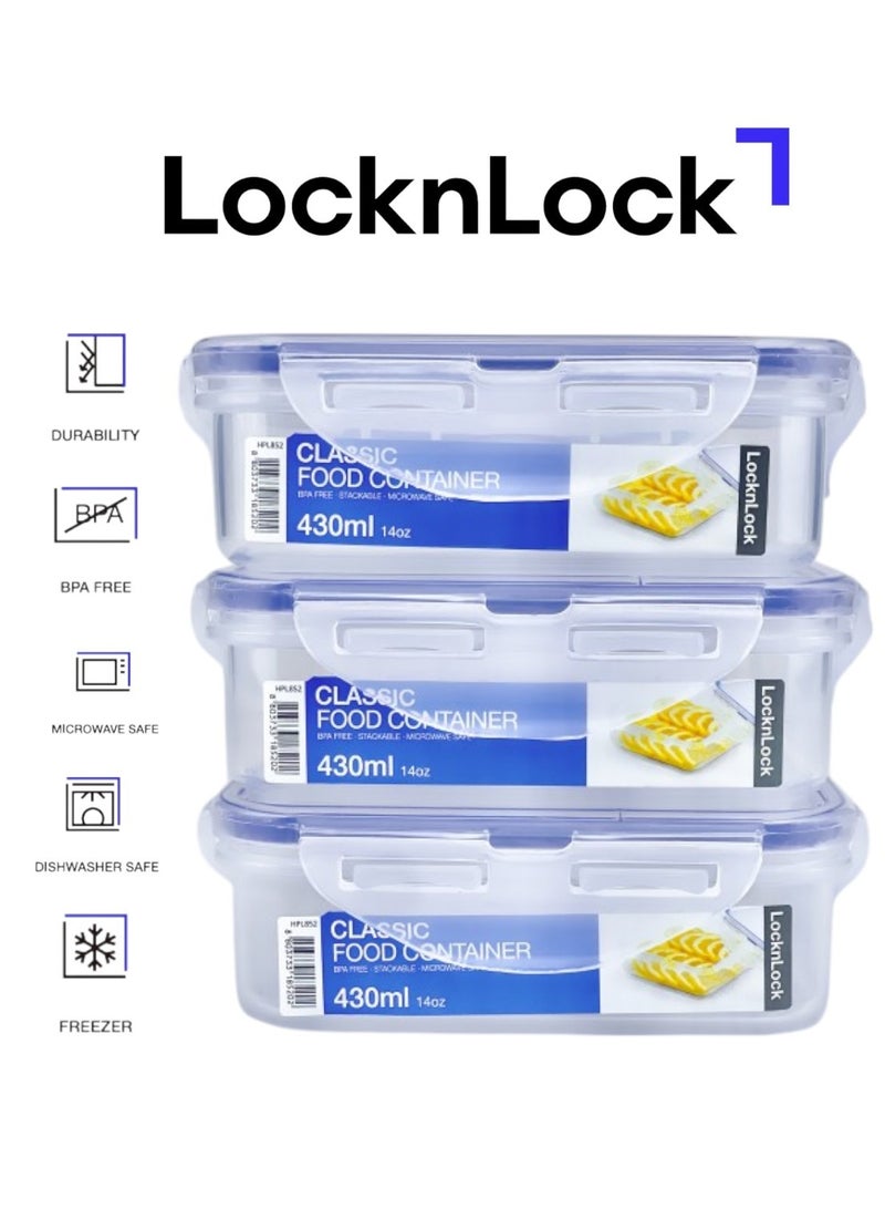 LocknLock حزمة من 3 - حاوية طعام مربعة بسعة 430 مل من لوكن لوك - خالية من BPA، آمنة للاستخدام في الميكروويف، الفريزر، وغسالة الصحون - Image 1