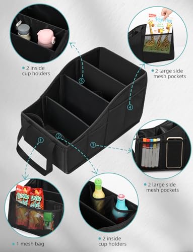 YOHOOLYO Car Seat Organizer Backseat Car Organizer with 4 Compartments, 4 Cup Holders and 7 Mesh Pockets for Front and Rear Seat, Black - Image 4