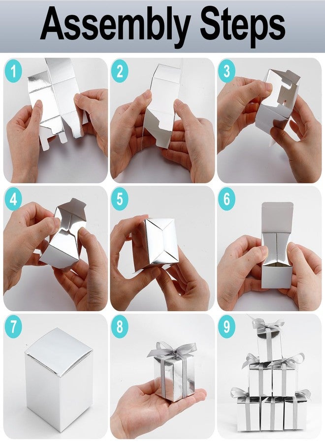 COCPOK 50 Pack Silver Gift Boxes, 2x2x2 inch Gift Box, Small Candy Boxes with Lids and Ribbons, Paper Favor Box for Wedding Bridal Shower Baby Shower Birthday Party - Image 4