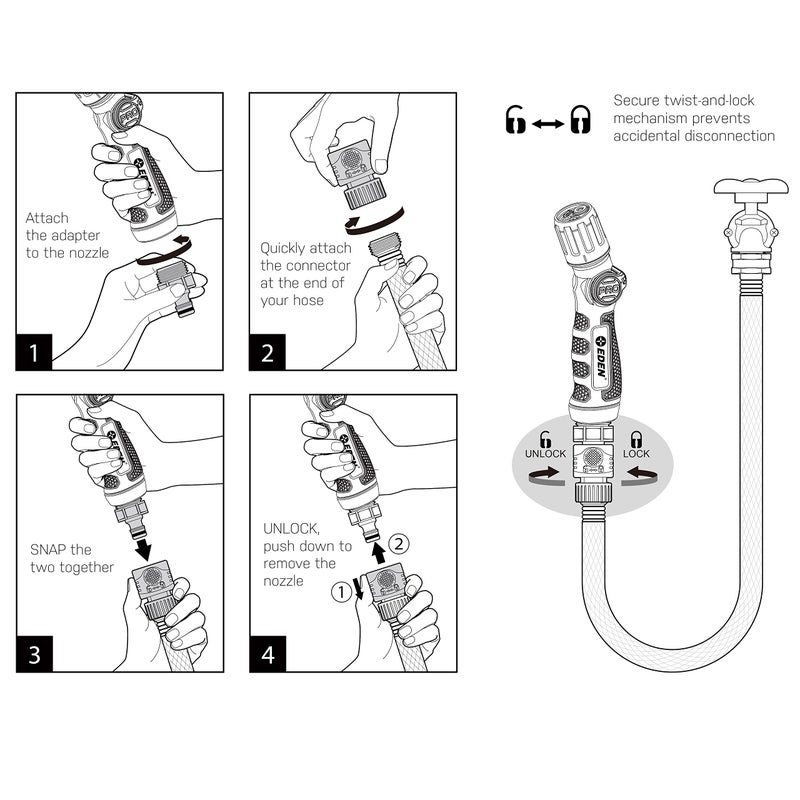 Eden 96845 Pro Metal Thumb-Control Straight 4-Pattern Turbo Nozzle W/Quick Connector Starter Set, High Pressure Garden Sprayer for Hose - Image 5