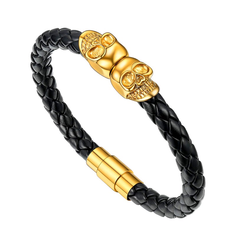 U7 Braided Leather Bracelets Mens Surfer Biker Gift Gold Plated Skull Gothic Bangle Cuff Leather Bracelets 7.5" - Image 1