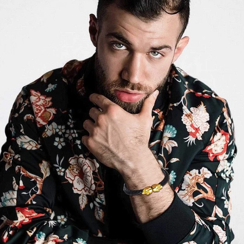 U7 Braided Leather Bracelets Mens Surfer Biker Gift Gold Plated Skull Gothic Bangle Cuff Leather Bracelets 7.5" - Image 2