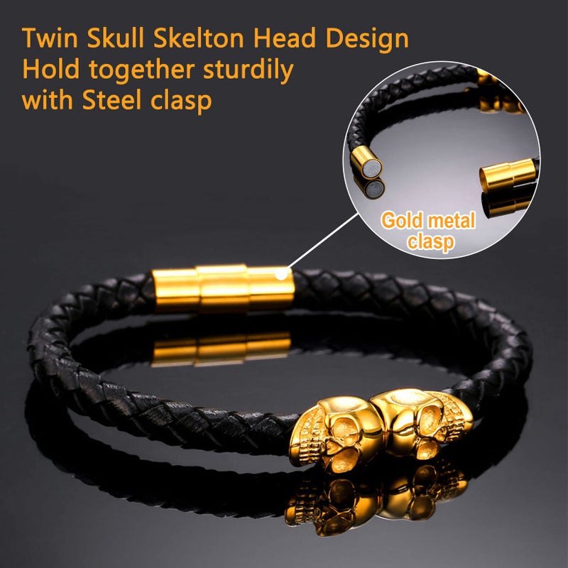 U7 Braided Leather Bracelets Mens Surfer Biker Gift Gold Plated Skull Gothic Bangle Cuff Leather Bracelets 7.5" - Image 3