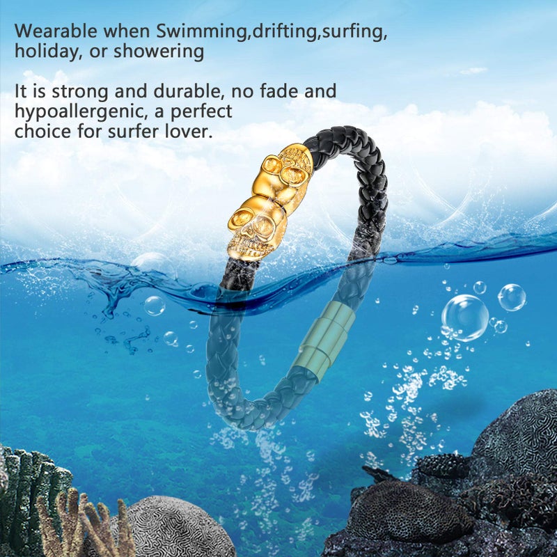 U7 Braided Leather Bracelets Mens Surfer Biker Gift Gold Plated Skull Gothic Bangle Cuff Leather Bracelets 7.5" - Image 5