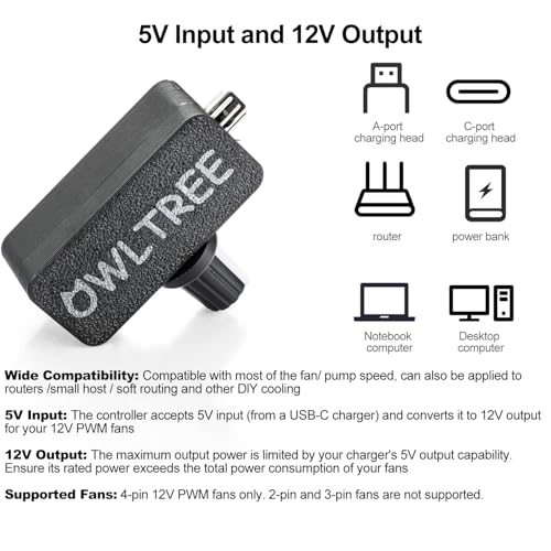 OwlTree 4 Pin 12V PWM Fan Controller with Type C USB Power Cable and 4Pin 5 Way PWM Fan Splitter Hub,PWM Fan Speed Controller with 15-18W, 1.2-1.5A Output, 5V Input - Image 2