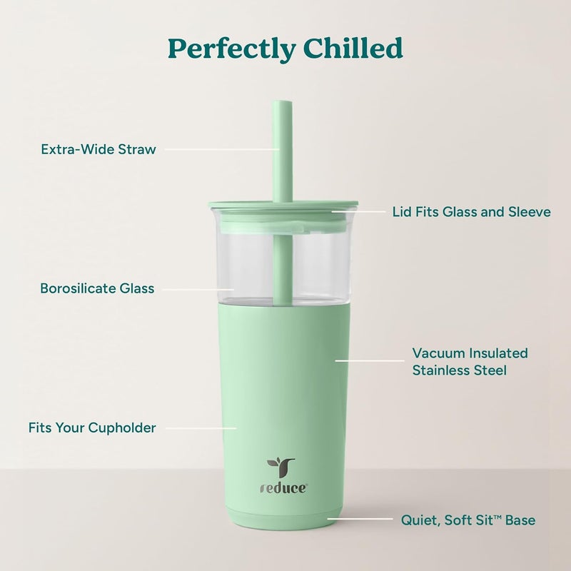 Reduce Aspen 20 oz Vacuum Insulated Glass Tumbler with Lid & Extra Wide Straw - Keeps Drinks Cold for 12 Hrs - Ideal for Iced Coffee, Smoothies & Boba - Dishwasher Safe, Soft Base - Matcha - Image 2