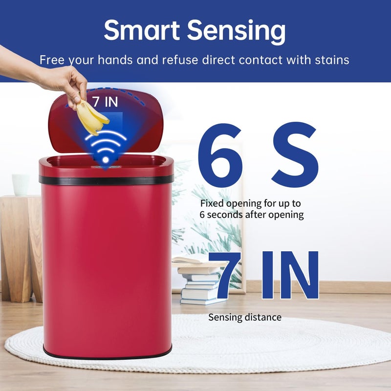 BestOffice Kitchen Trash Can Bathroom Bedroom Office Garbage Can with Lid Automatic Touch Free Waste Bin Stainless Steel 13 Gallon / 50L,Red - Image 4