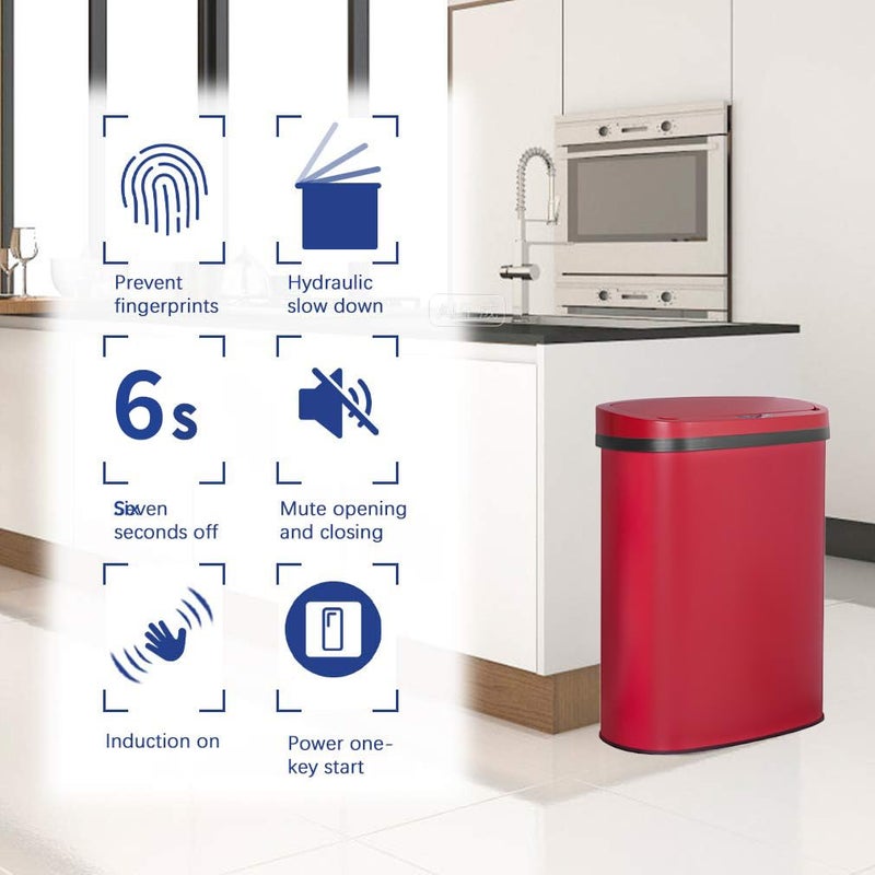BestOffice Kitchen Trash Can Bathroom Bedroom Office Garbage Can with Lid Automatic Touch Free Waste Bin Stainless Steel 13 Gallon / 50L,Red - Image 3