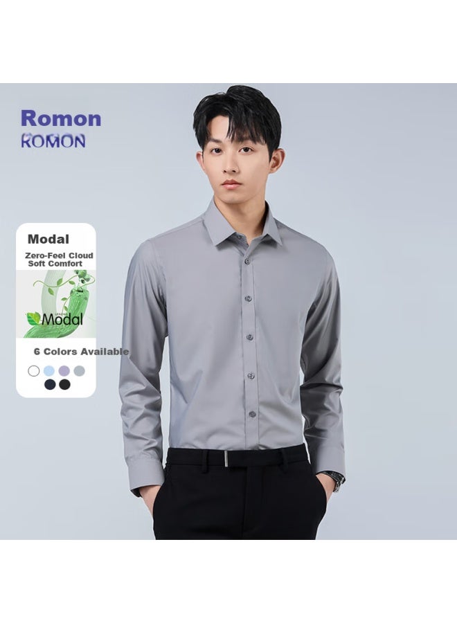 Romon Modal Men's Winter Business Casual Breathable 7a Antibacterial Easy-care Long Sleeve Shirt Gray 42
