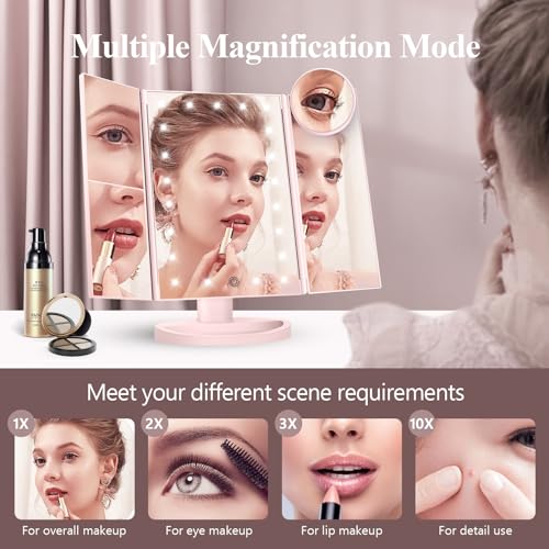 HUONUL Makeup Mirror Vanity with Lights, 2X 3X 10X Magnification, Lighted Mirror, Touch Control, Trifold Dual Power Supply, Portable LED Women Gift (Pink) - Image 4