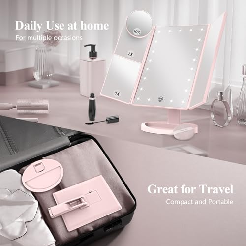 HUONUL Makeup Mirror Vanity with Lights, 2X 3X 10X Magnification, Lighted Mirror, Touch Control, Trifold Dual Power Supply, Portable LED Women Gift (Pink) - Image 5