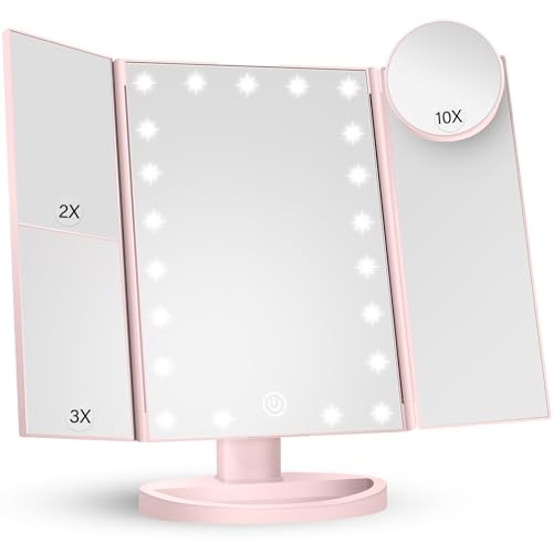 HUONUL Makeup Mirror Vanity with Lights, 2X 3X 10X Magnification, Lighted Mirror, Touch Control, Trifold Dual Power Supply, Portable LED Women Gift (Pink) - Image 1