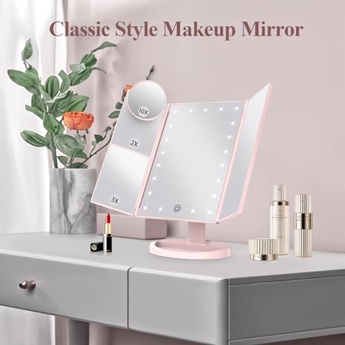 HUONUL Makeup Mirror Vanity with Lights, 2X 3X 10X Magnification, Lighted Mirror, Touch Control, Trifold Dual Power Supply, Portable LED Women Gift (Pink) - Image 2