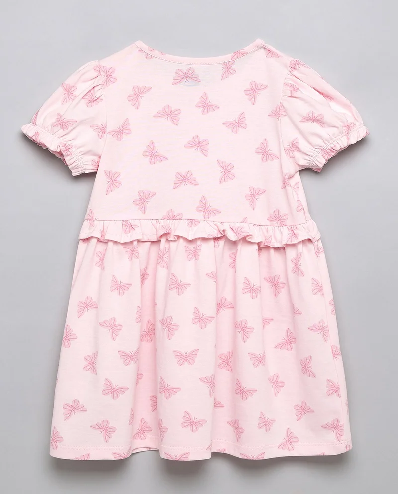 أر أند بي Printed A-Line Dress with Crew Neck and Puff Sleeves
