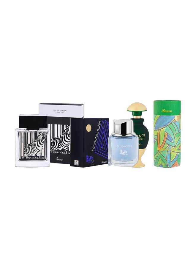 Rasasi Romance EDP Perfume 45ml, L'Incontournable Blue For Men 2 Eau De Parfum Perfume 75ml, and Rumz Al Rasasi 9325 Pour Lui Perfume for Men Eau De Parfum 50ml  - Image 1