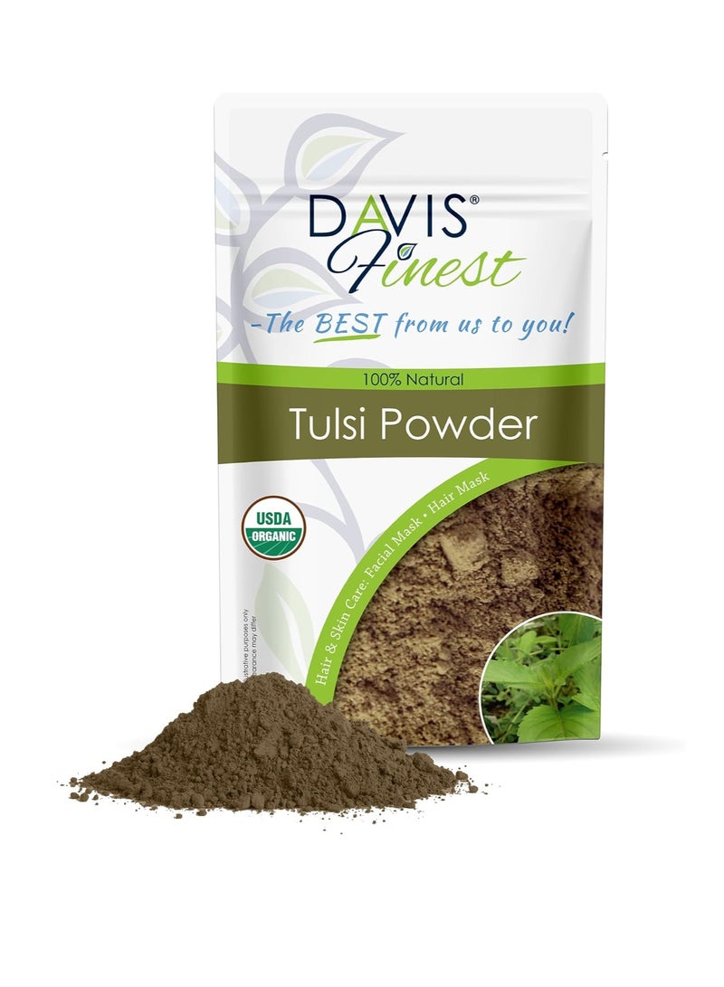 Davis Finest Organic Tulsi Holy Basil Pure and Natural Leaves Powder 100g Hair and Skin Care Ayurvedic Skin Tightening Facial Mask Itchy Scalp Promotes Hair Growth  - Image 1
