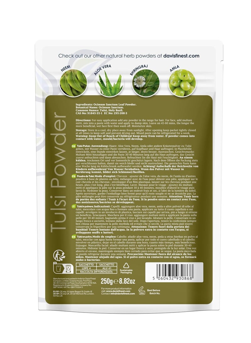 Davis Finest Organic Tulsi Holy Basil Pure and Natural Leaves Powder 100g Hair and Skin Care Ayurvedic Skin Tightening Facial Mask Itchy Scalp Promotes Hair Growth  - Image 2