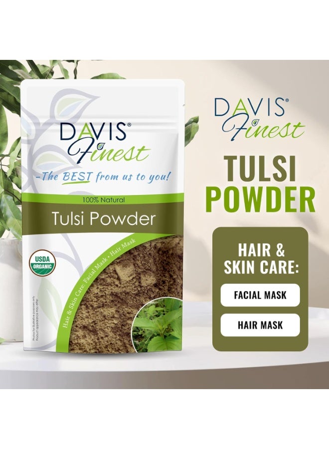 Davis Finest Organic Tulsi Holy Basil Pure and Natural Leaves Powder 100g Hair and Skin Care Ayurvedic Skin Tightening Facial Mask Itchy Scalp Promotes Hair Growth  - Image 4