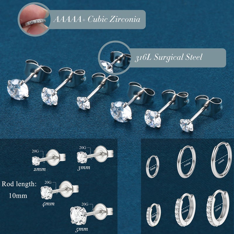 YADOCA Hypoallergenic Surgical Steel Earrings Sets for Multiple Piercing - Small Stud Earrings For Women Men - Stainless Steel Earrings Studs Hoop Earrings for Sensitive Ears Silver Tone 10pairs - Image 2