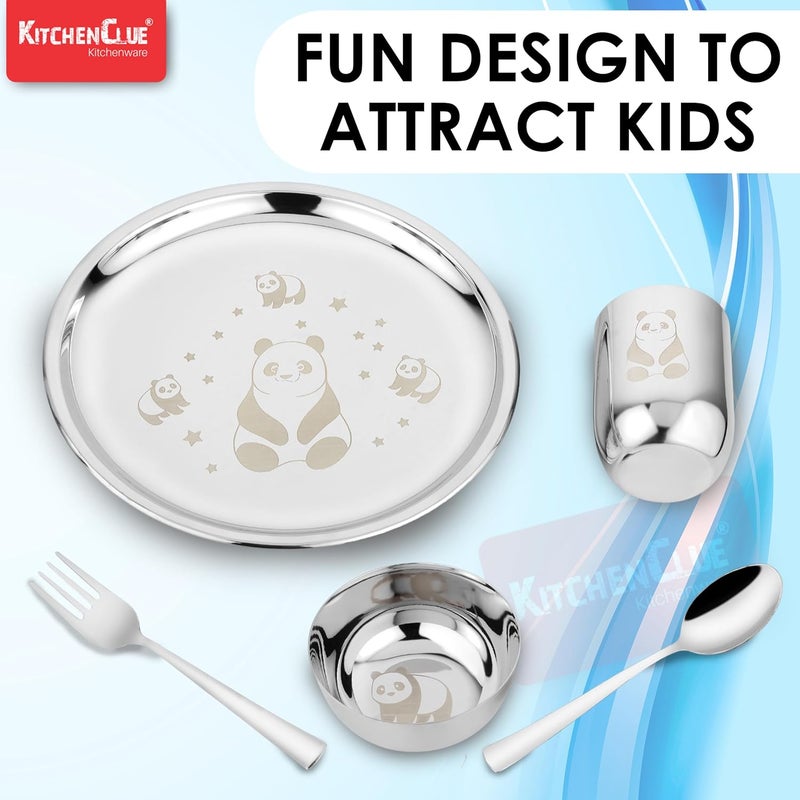 KITCHEN CLUE 304 Stainless Steel Dinner Set for Kids – Set of 5 Pcs, Mirror Finish, 24cm Dia Dinner Plate | BIS Approved, Child Thali Set with Spoon, Fork, Glass & Bowl | Panda Laser Design - Image 2