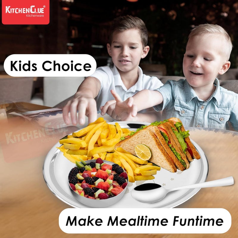 KITCHEN CLUE 304 Stainless Steel Dinner Set for Kids – Set of 5 Pcs, Mirror Finish, 24cm Dia Dinner Plate | BIS Approved, Child Thali Set with Spoon, Fork, Glass & Bowl | Panda Laser Design - Image 5