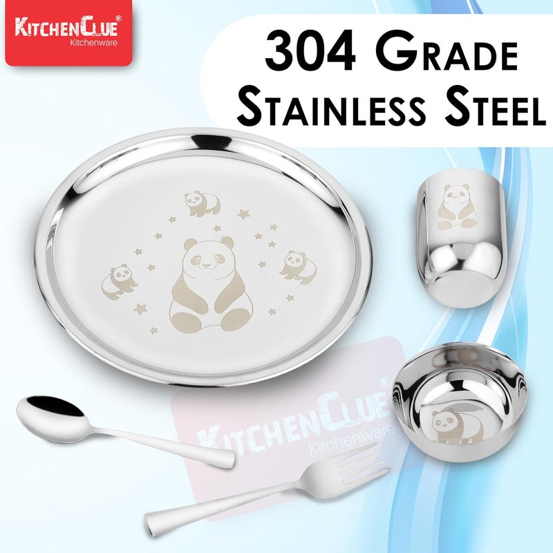 KITCHEN CLUE 304 Stainless Steel Dinner Set for Kids – Set of 5 Pcs, Mirror Finish, 24cm Dia Dinner Plate | BIS Approved, Child Thali Set with Spoon, Fork, Glass & Bowl | Panda Laser Design - Image 4