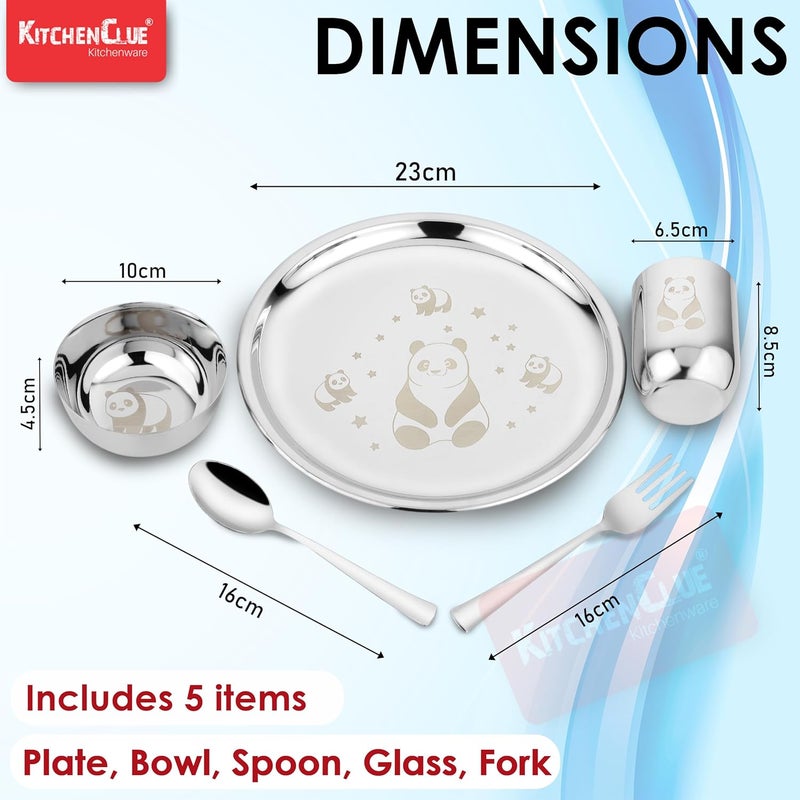 KITCHEN CLUE 304 Stainless Steel Dinner Set for Kids – Set of 5 Pcs, Mirror Finish, 24cm Dia Dinner Plate | BIS Approved, Child Thali Set with Spoon, Fork, Glass & Bowl | Panda Laser Design - Image 3