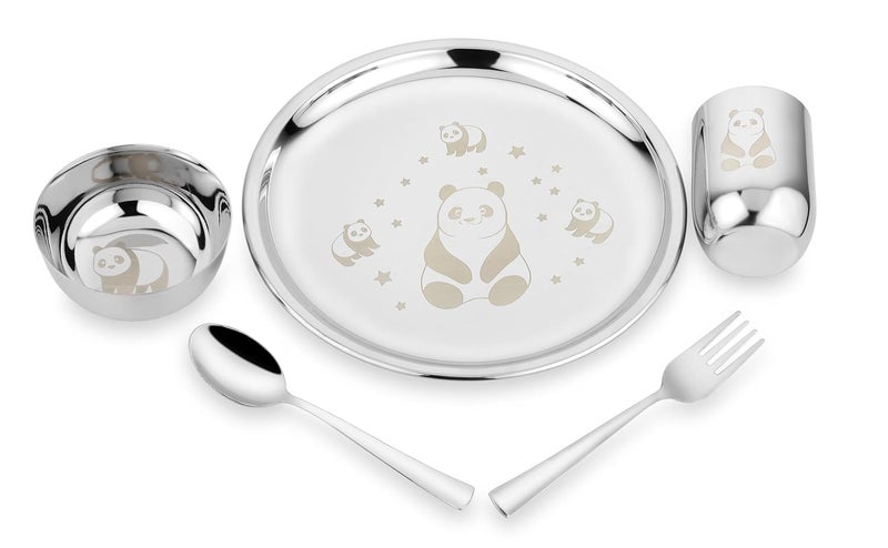 KITCHEN CLUE 304 Stainless Steel Dinner Set for Kids – Set of 5 Pcs, Mirror Finish, 24cm Dia Dinner Plate | BIS Approved, Child Thali Set with Spoon, Fork, Glass & Bowl | Panda Laser Design - Image 1