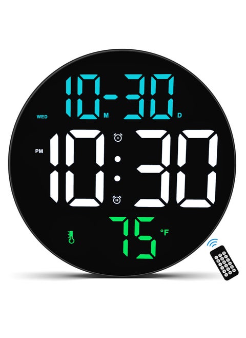 Digital Wall Clock, LED Digital Round Clock with Remote Control, Week/Date/Temperature in 3 Colors, Standing & Hanging, For Bedroom Home Kitchen Room Office School