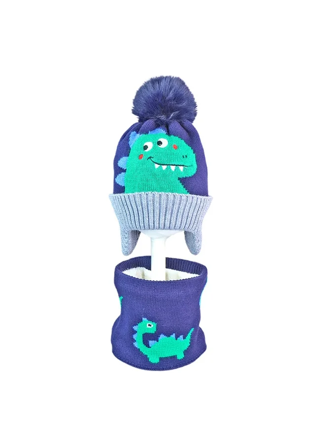 LITTLE SURPRISE BOX 2pcs Blue Green Face Dino themed Beanie Winter Cap with matching Neck Cuff style Muffler for Kids