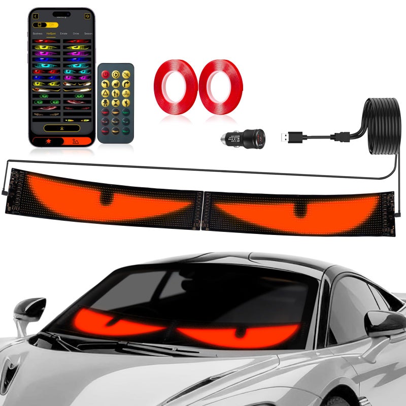 Ekavtor Eyes Led Lights for Cars 2PCS - 14.72x3.62In Customizable Display, USB Powered, App/Remote Control, Synced Dual Screen Led Windshield Eyes for Cars/SUVs/Medium Trucks - Image 1