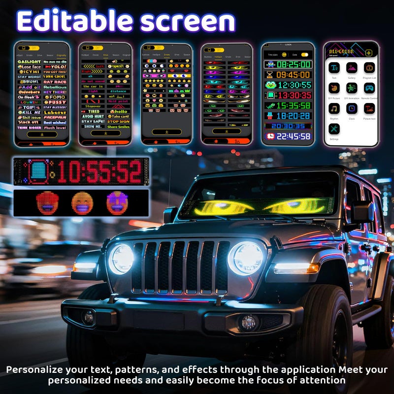 Ekavtor Eyes Led Lights for Cars 2PCS - 14.72x3.62In Customizable Display, USB Powered, App/Remote Control, Synced Dual Screen Led Windshield Eyes for Cars/SUVs/Medium Trucks - Image 4