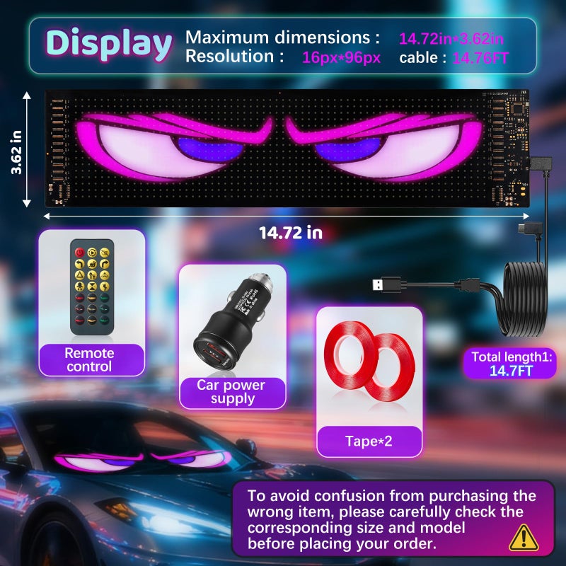 Ekavtor Eyes Led Lights for Cars 2PCS - 14.72x3.62In Customizable Display, USB Powered, App/Remote Control, Synced Dual Screen Led Windshield Eyes for Cars/SUVs/Medium Trucks - Image 3