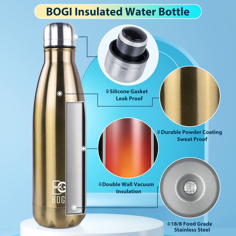 BOGI 17oz Insulated Water Bottle Double Wall Vacuum Stainless Steel Water Bottles, Leak Proof Metal Sports Water Bottle Keeps Drink Hot and Cold - Perfect for Outdoor Sports Camping Biking (Cham) - Image 3