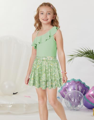 GRACE KARIN Girls Swimsuit Size 10-12 One Piece Bathing Suits with Skirt Swimming Wear Green - Image 5