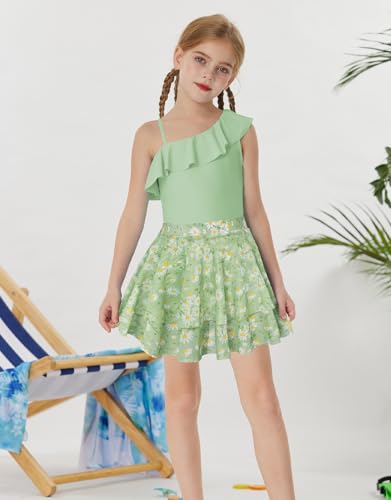 GRACE KARIN Girls Swimsuit Size 10-12 One Piece Bathing Suits with Skirt Swimming Wear Green - Image 4
