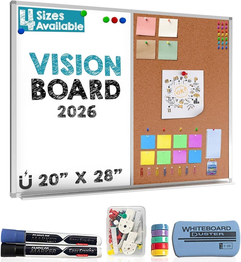 Besso Vision Board 2025: Dry Erase Cork Board Combo Set - 20" x 28" Magnetic White Board and Cork Bulletin Combination Board, Use as Message Board, Memo Board - w/Markers, Eraser, Magnets, Push Pins - Image 1