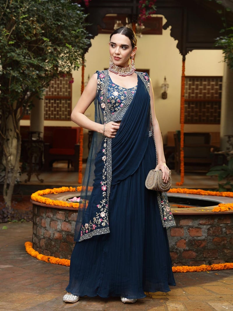 Stylum Women's Printed & Embroidered Georgette Draped Readymade Lehenga Choli With Jacket - Image 5