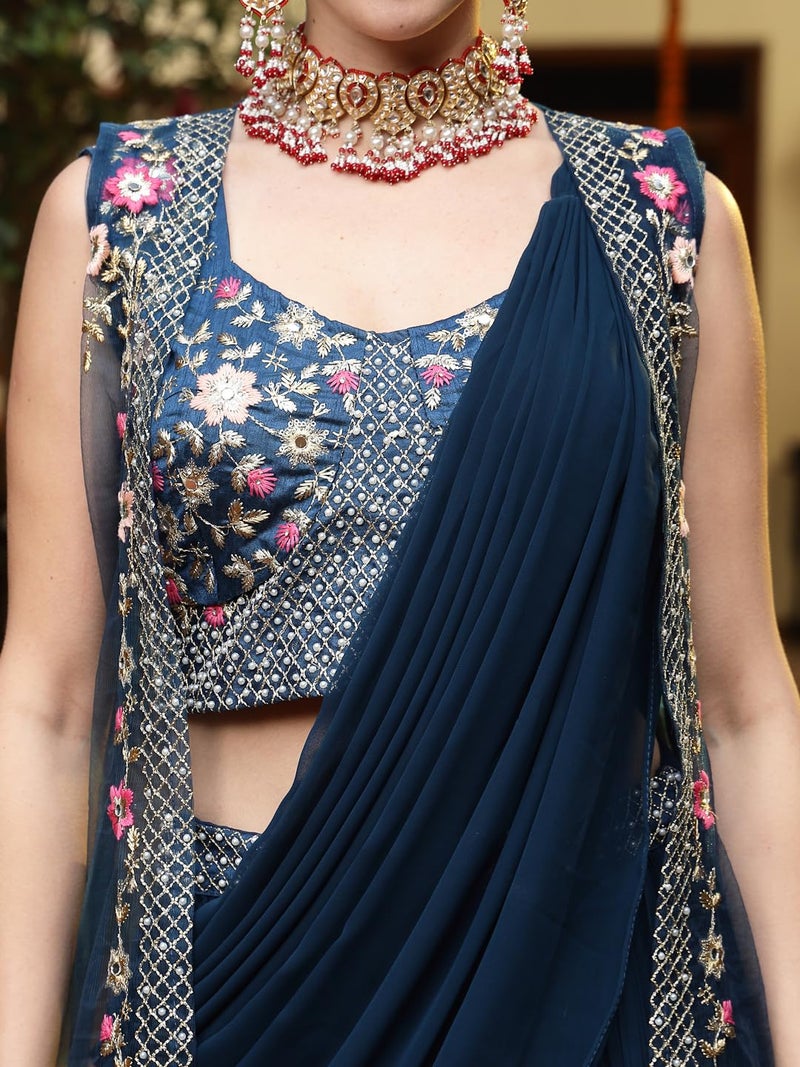 Stylum Women's Printed & Embroidered Georgette Draped Readymade Lehenga Choli With Jacket - Image 4