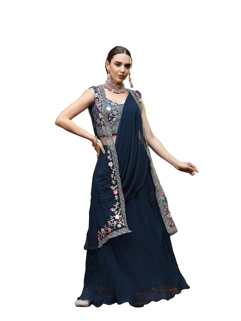 Stylum Women's Printed & Embroidered Georgette Draped Readymade Lehenga Choli With Jacket - Image 1