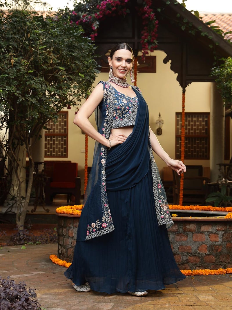 Stylum Women's Printed & Embroidered Georgette Draped Readymade Lehenga Choli With Jacket - Image 3