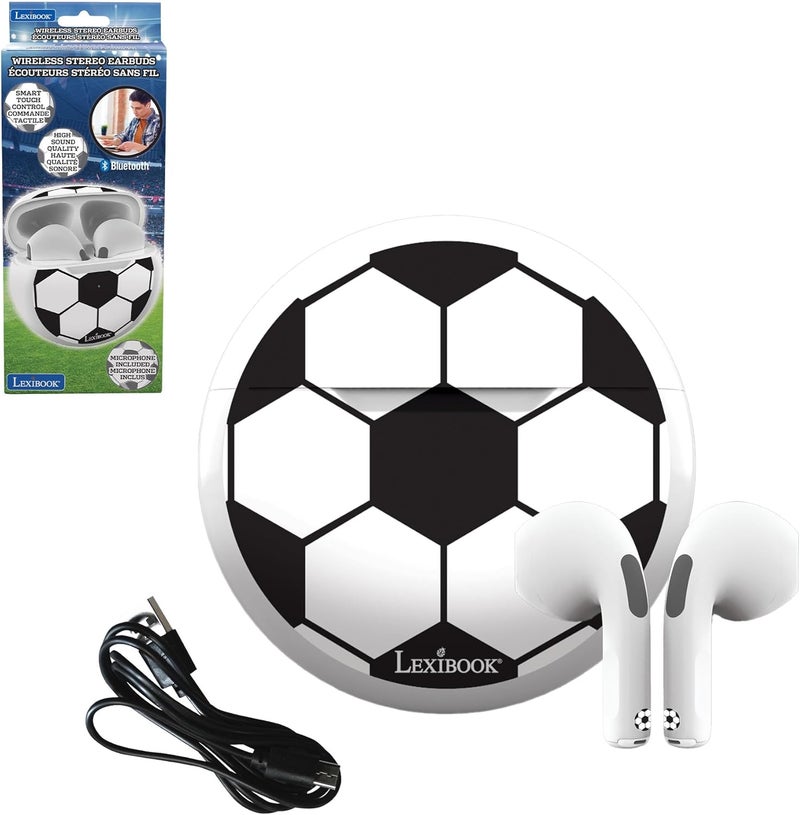 Lexibook , Football, Wireless stereo earbuds, sound, Integrated microphone, Touch control, Charging case, Sound level limited at 85 dB, Black/white, HPBT05FO - Image 1