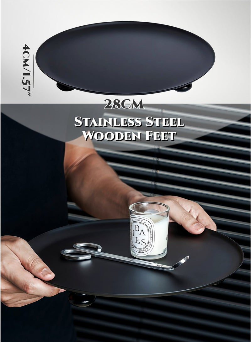 28cm  Round Solid Wood Base Stainless Steel Decorative Tray , Candle Holder,Perfume, Jewelry Dish Cosmetics Snacks, Fruits Organizer, Entryway, Bedroom, Coffee Tables, Dining Tables, Bathroom Serving Platter, Storage Tray, Ramadan Home Decor,Matte Black (11Inch) - Image 2