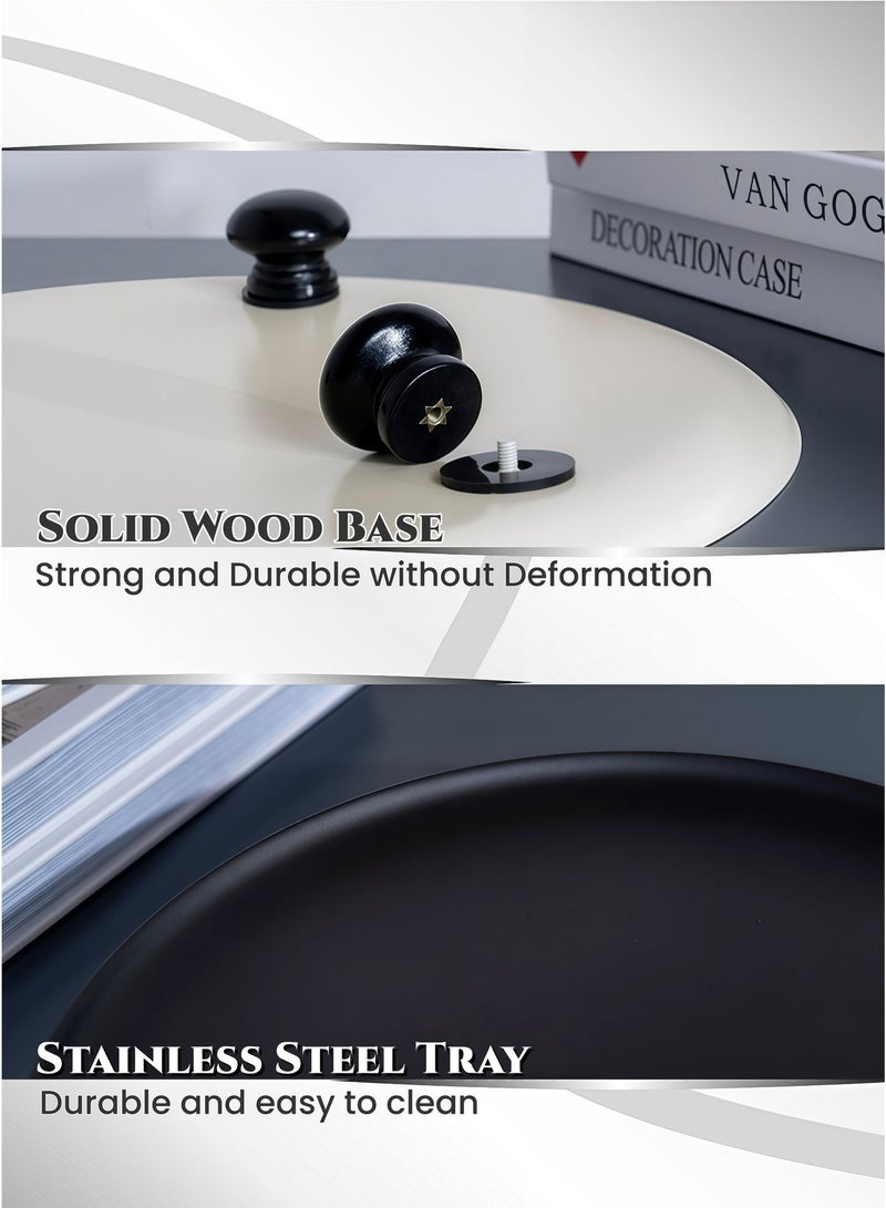 28cm  Round Solid Wood Base Stainless Steel Decorative Tray , Candle Holder,Perfume, Jewelry Dish Cosmetics Snacks, Fruits Organizer, Entryway, Bedroom, Coffee Tables, Dining Tables, Bathroom Serving Platter, Storage Tray, Ramadan Home Decor,Matte Black (11Inch) - Image 4